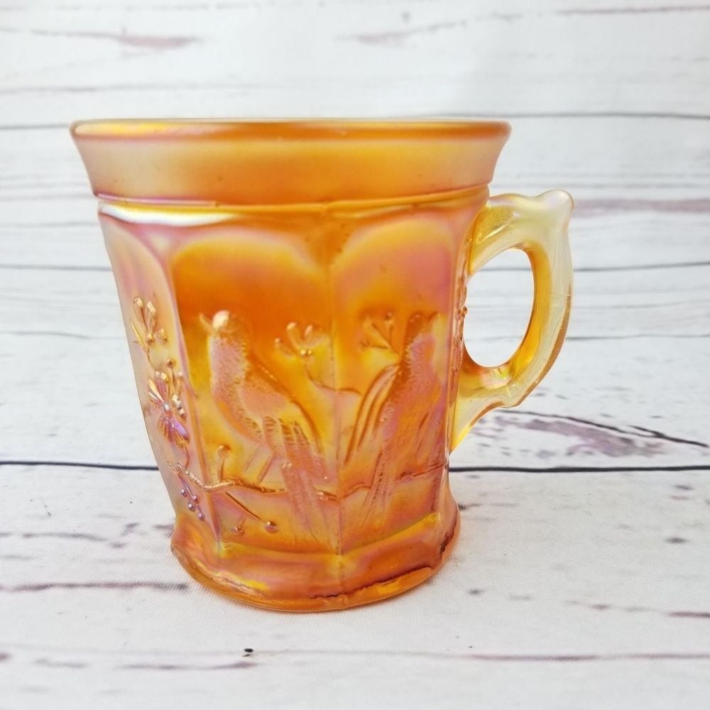 Vintage Carnival Glass Peacock‎ Mug Iridescent Orange Collectible Drinkware